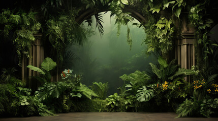 Fototapeta na wymiar Green plants indoor garden. Fantasy forest area with copyspace
