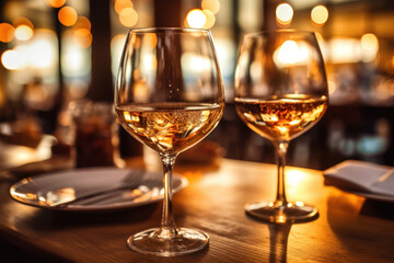 Wine glasses on table with ambient restaurant lighting. - obrazy, fototapety, plakaty