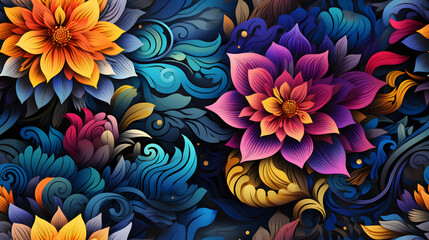 blue and yellow flowers, seamless pattern, illustration, Generative Ai