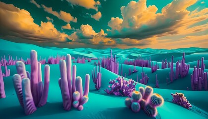 A desert landscape, but the sands are a rich shade of turquoise, contrasting with lavender-colored cacti that reach towards a mint-green sky filled with yellow clouds. - obrazy, fototapety, plakaty