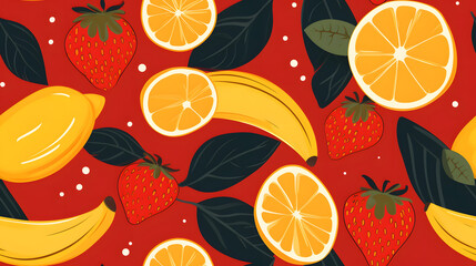 Banana, strawberry and orange seamless pattern, illustration, Generative Ai