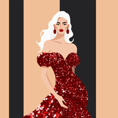 Vector fashion illustration, a pretty young woman with a beautiful figure in a luxurious shiny red evening dress with bare shoulders.
