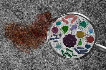  Magnifying lens with simulated germs, viruses, bacteria, hygiene concept. Dark stain, dirty spot on a carpeted floor. Grey carpet needs cleaning and pollution removal