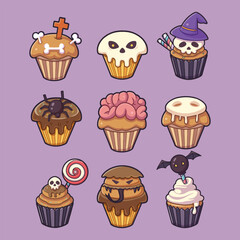 Flat Vector Halloween Cupcakes - Hand Drawn 