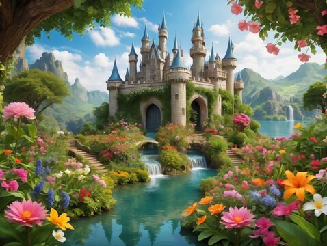 A Beautiful Castle With Flowers And Trees