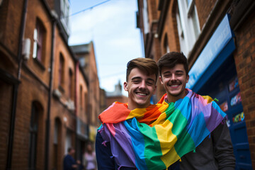 Latin gay teen couple hugging and smiling for the camera. Alternative and colorful urban style clothing. Urban environment. LGBT flag and colors. LGBT community concept. Claim of rights. Pride day.