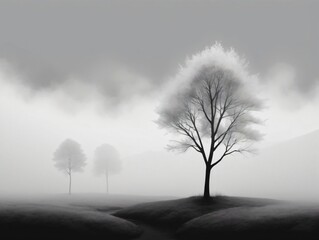 A Black And White Photo Of A Tree In The Fog