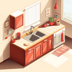 kitchen room isometric, table, sink and owen