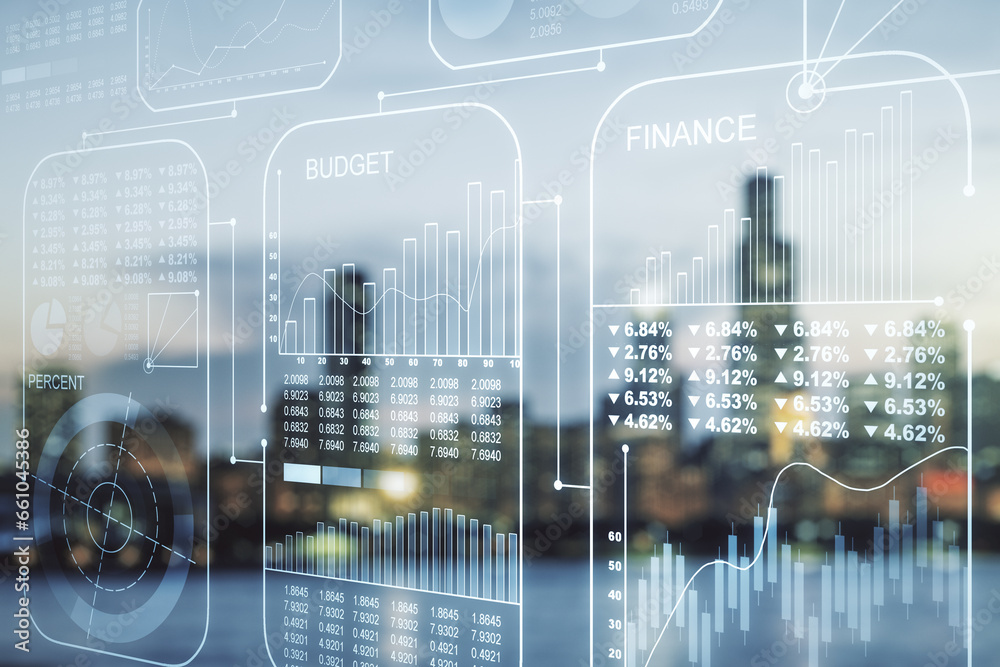 Poster Multi exposure of stats data illustration on blurry skyline background, computing and analytics concept