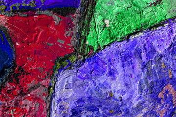 Abstract background closeup of a painting with brushstrokes. Rough art paint smear. Large multicolor spots of brush strokes and palette knife on the canvas