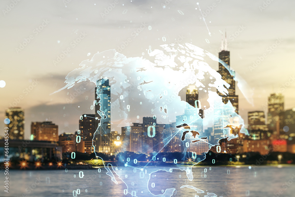 Poster multi exposure of abstract graphic coding sketch and world map on chicago cityscape background, big 