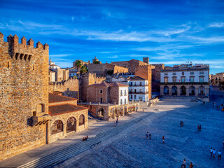 Fototapeta premium Plaza Mayor of Caceres at sunset, overhead view.