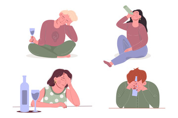 Obraz na płótnie Canvas Alcoholism concept of women, men sitting with bottle of alcohol.
