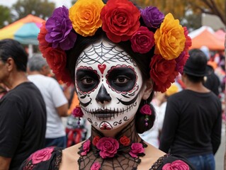 A Woman With A Skull Face Paint And Flowers