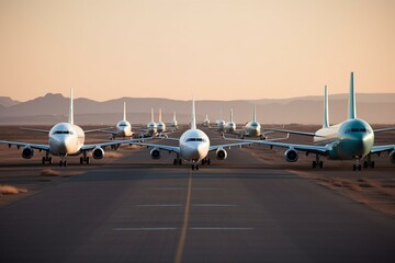 line of aircrafts parked on the airport runway. Generative AI