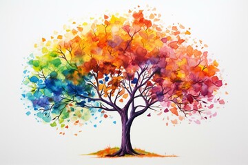 Obraz na płótnie Canvas Colorful nature illustration of a tree painted with watercolors, set against a plain white backdrop. Generative AI