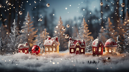 Naklejka premium Winter Wonderland: Festive Christmas Ornaments in a Snowy Forest,christmas tree decorations