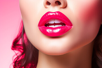 Captivating close-up of female's pink lips displayed in elegant lipstick.