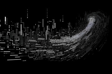A city skyline with a digital wave flowing through in grayscale