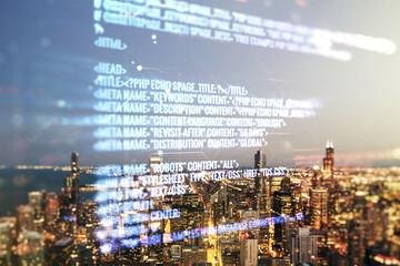 Naklejka premium Double exposure of abstract creative programming illustration on Chicago office buildings background, big data and blockchain concept