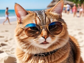 A Cat Wearing Sunglasses On The Beach