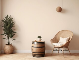 A Wooden Barrel Chair And A Plant In A Room