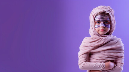 Kid dressed as Mummy for Halloween standing in front of isolated purple background - ai generative