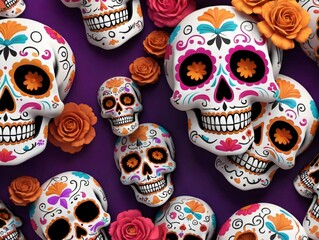 A Bunch Of Skulls With Colorful Skulls And Roses