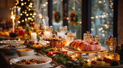 Christmas Dinner table full of dishes with food and snacks, New Year's decor with a Christmas tree on the background - obrazy, fototapety, plakaty