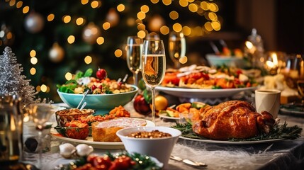 Christmas Dinner table full of dishes with food and snacks, New Year's decor with a Christmas tree on the background - obrazy, fototapety, plakaty