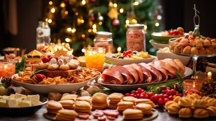 Fototapeta premium Christmas Dinner table full of dishes with food and snacks, New Year's decor with a Christmas tree on the background