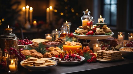 Naklejka premium Christmas Dinner table full of dishes with food and snacks, New Year's decor with a Christmas tree on the background