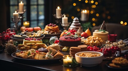 Christmas Dinner table full of dishes with food and snacks, New Year's decor with a Christmas tree on the background