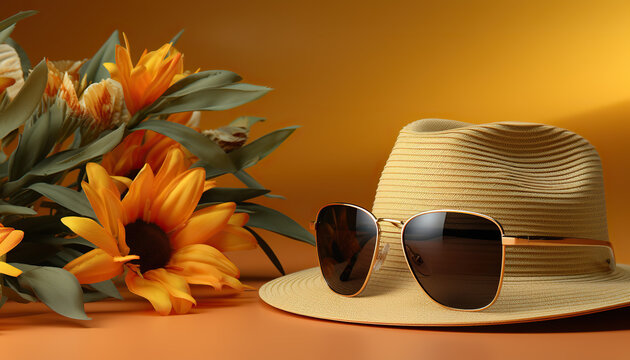 Summer Essentials: Straw Fedora and Sunglasses on a Vibrant Orange