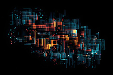 Vibrant digital tech design with glowing orange and blue patterns