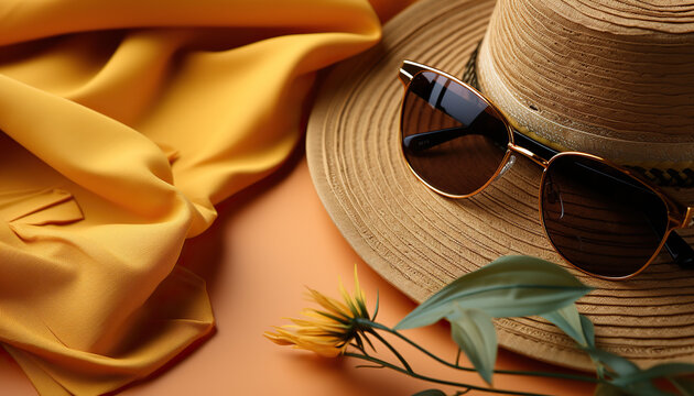 Summer Essentials: Straw Fedora and Sunglasses on a Vibrant Orange