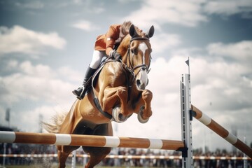 Horse Jumping Over Obstacle - obrazy, fototapety, plakaty
