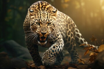 Large Leopard Walking in Forest