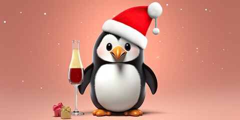 Fototapeta premium Cute Penguin holding champagne glass celebrating in christmas and new year.