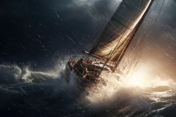 Zelfklevend Fotobehang Stormy Sailboat at Sea © Ева Поликарпова