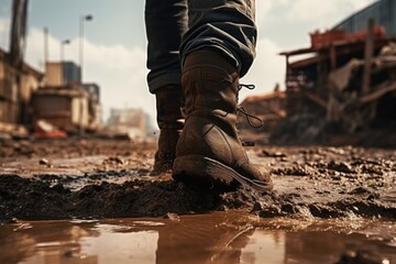 Person Standing in Mud Puddle - obrazy, fototapety, plakaty