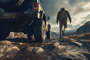 Man Walking Towards Jeep in Mountains - obrazy, fototapety, plakaty