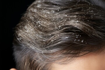 Closeup of mans hair with noticeable dandruff flakes