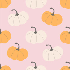 Pumpkins on pink seamless pattern. Autumn holidays and harvest season symbol. Vector illustration design for textile, fabric, background, backdrop, wrapper, packaging.