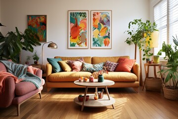 Cozy living room with wooden floors, vibrant sofa, artwork and lush indoor plants. Generative AI