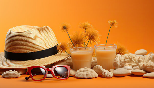Summer Essentials: Straw Fedora and Sunglasses on a Vibrant Orange