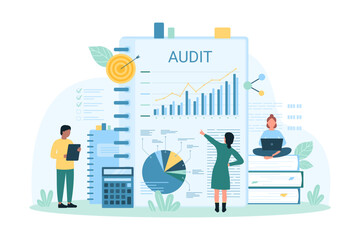 Audit analysis and financial discovery vector illustration. Cartoon tiny people research business graph results on paper sheet, control tax documents, accounting and data analytics by auditors - obrazy, fototapety, plakaty