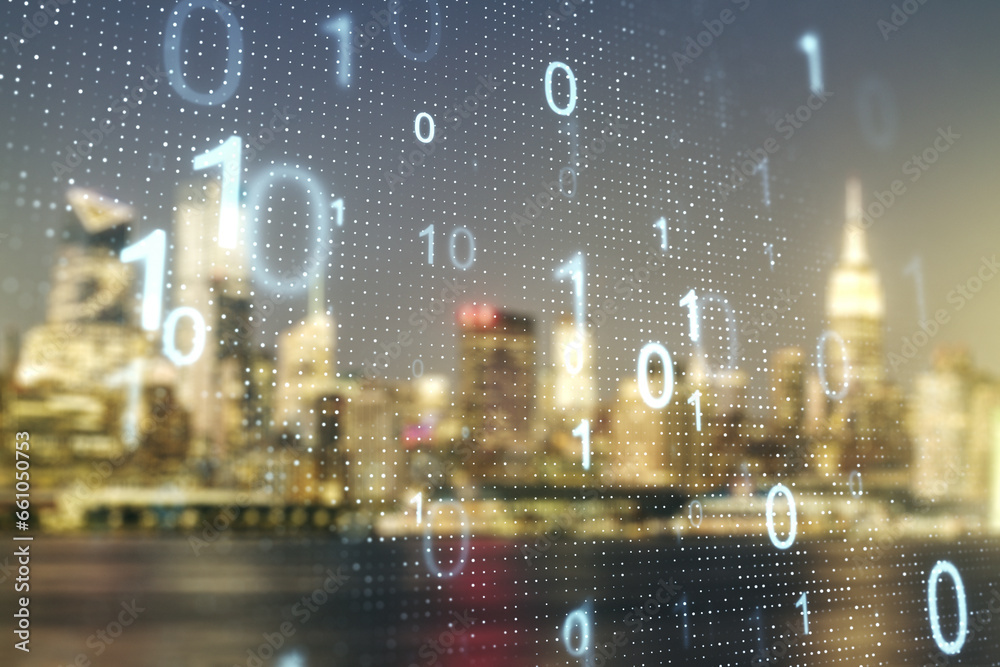 Leinwandbilder abstract virtual binary code sketch on blurry office buildings background, hacking and matrix concep