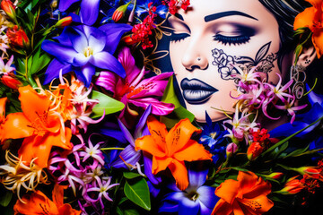 Enchanting woman's face with vibrant, exotic flowers evoking tropical beauty and elegance.