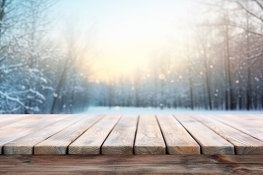 Empty Wooden table and winter landscape background